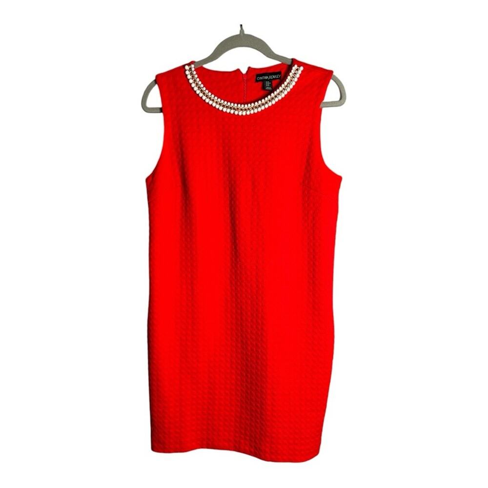 Cynthia Rowley Red Sleeveless Sheath Dress Pearl Trim Neck Back Zipper Medium